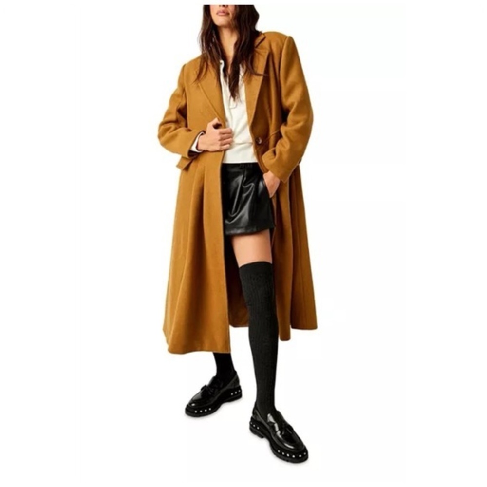 NWT Free People Victoria Pleated Coat, Wool Blend, Camel/ Tan, Size Large
